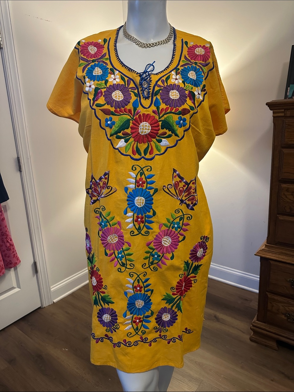 Mexican Embroidered Mustard Yellow Floral Shift Dress